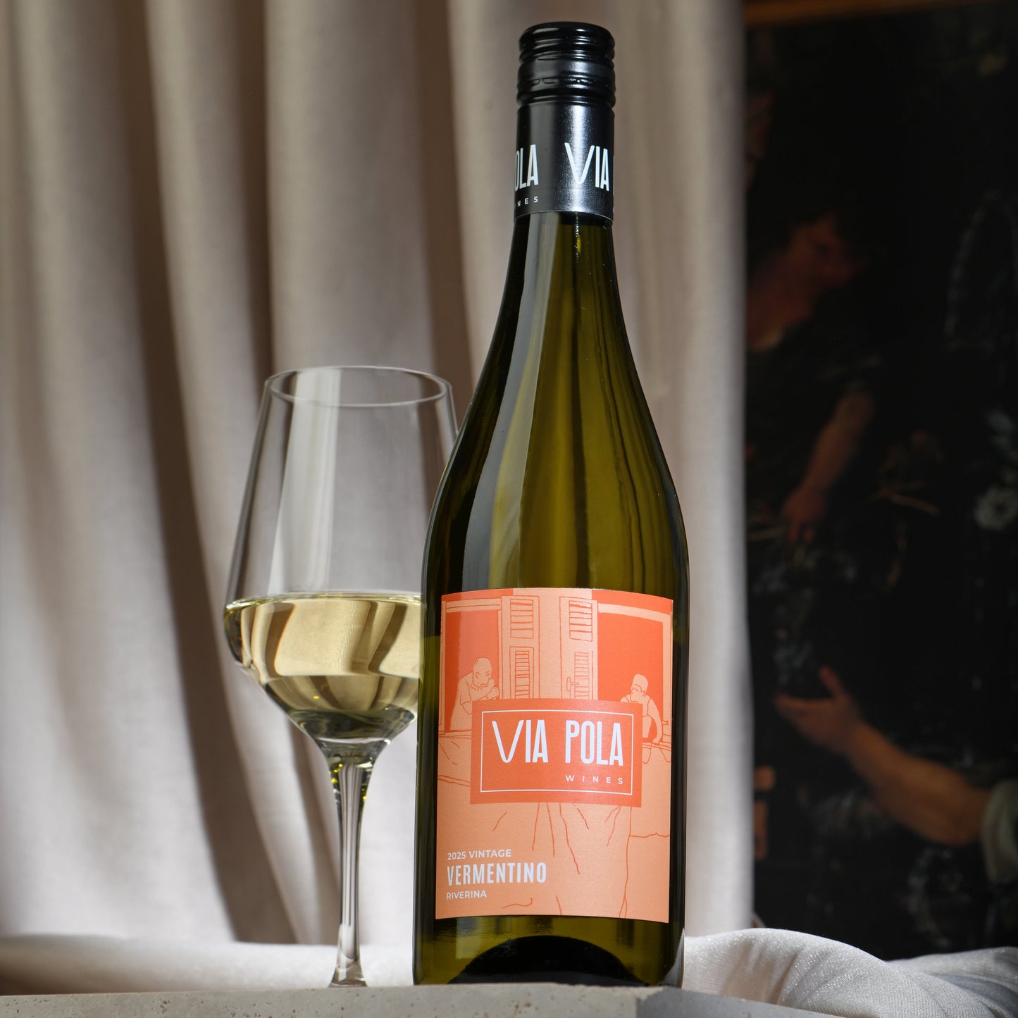 2025 Via Pola Riverina Vermentino with single wine glass photo shoot