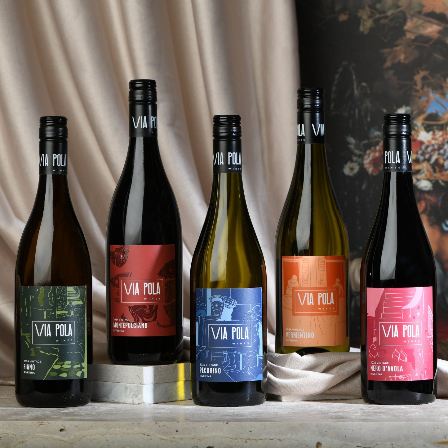 The full range of Via Pola wines. Ready to be enjoyed!